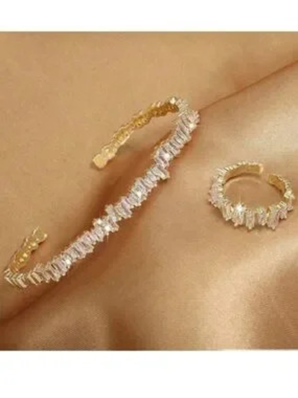 Anthropologie Gold Baguette Crystal Cuff Bracelet and Ring Set